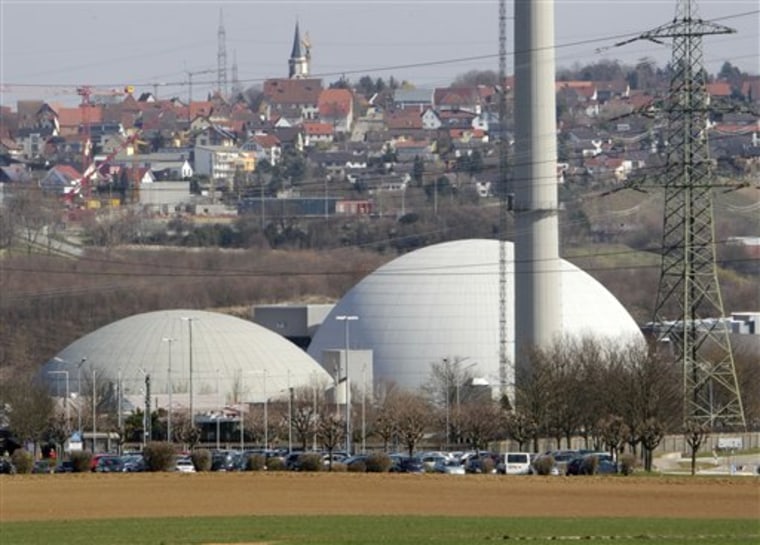 FILE -- A March 15, 2011 file photo shows the nuclear plant of Neckarwestheim, southern Germany.  Germany's environment minister said MOnday May 30, 2011 that Chancellor Angela Merkel's coalition government has agreed to shut down all of the country's nuclear power plants by 2022.   (AP Photo/Michael Probst/file)